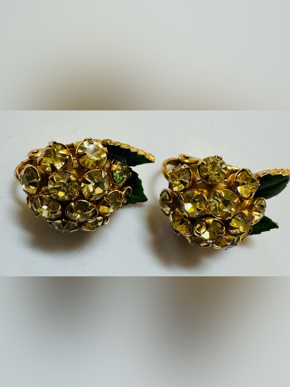 Vintage Rhinestone Clip-On Earrings with green enamel - Picture 7 of 8